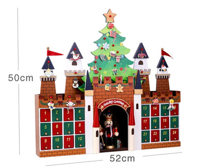 Wooden Christmas advent calendar shaped like a castle with numbered doors and a central decorated tree