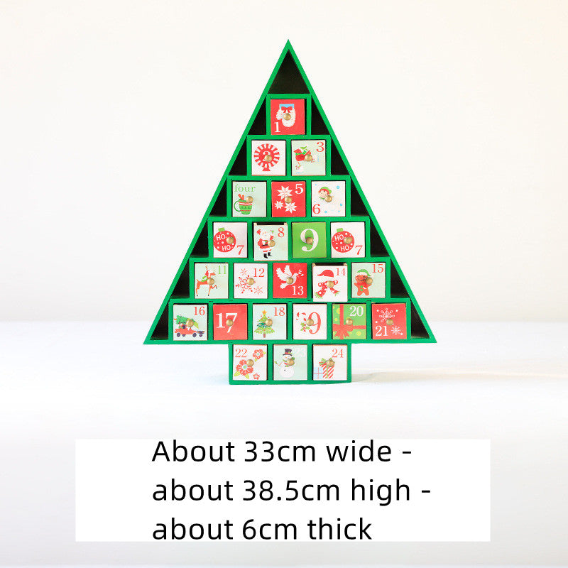 Wooden Christmas tree-shaped advent calendar with numbered festive drawers in red, green, and white