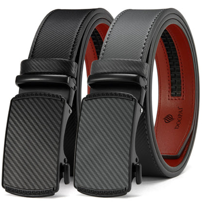 Two men's ratchet leather belts in black and gray with automatic carbon fiber buckle and red inner lining