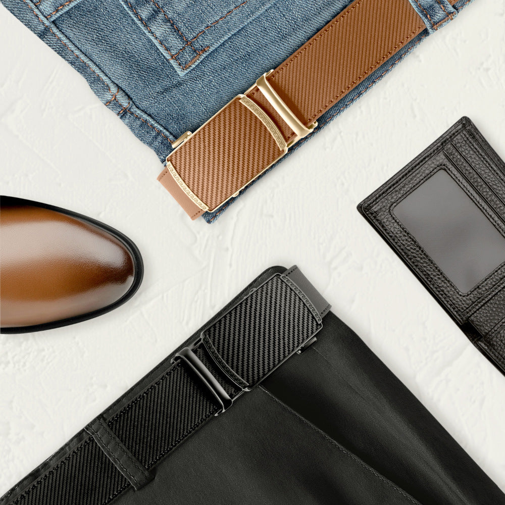 Brown and black leather ratchet belts displayed with brown shoe, blue jeans, black pants, and black leather wallet