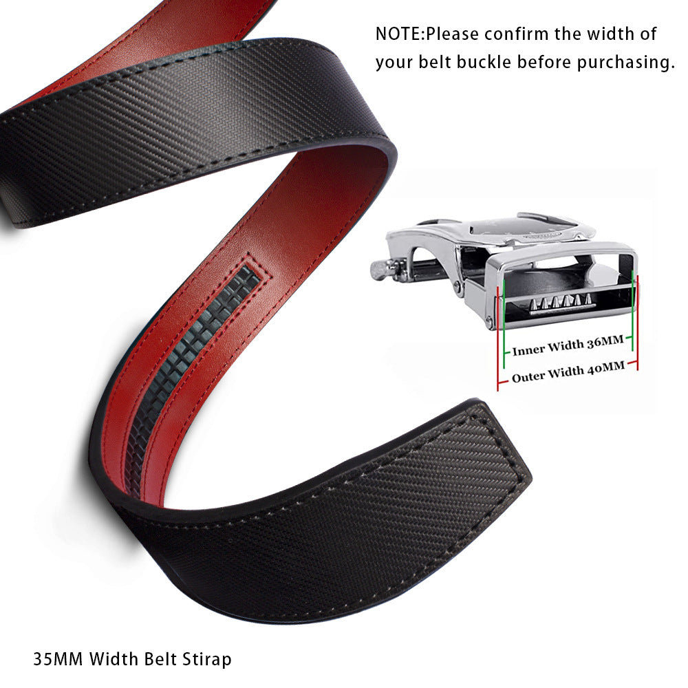 Black and red genuine leather men's belt strap with automatic buckle showing 35mm width and measurement details