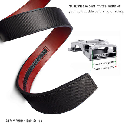 Black and red genuine leather men's belt strap with automatic buckle showing 35mm width and measurement details