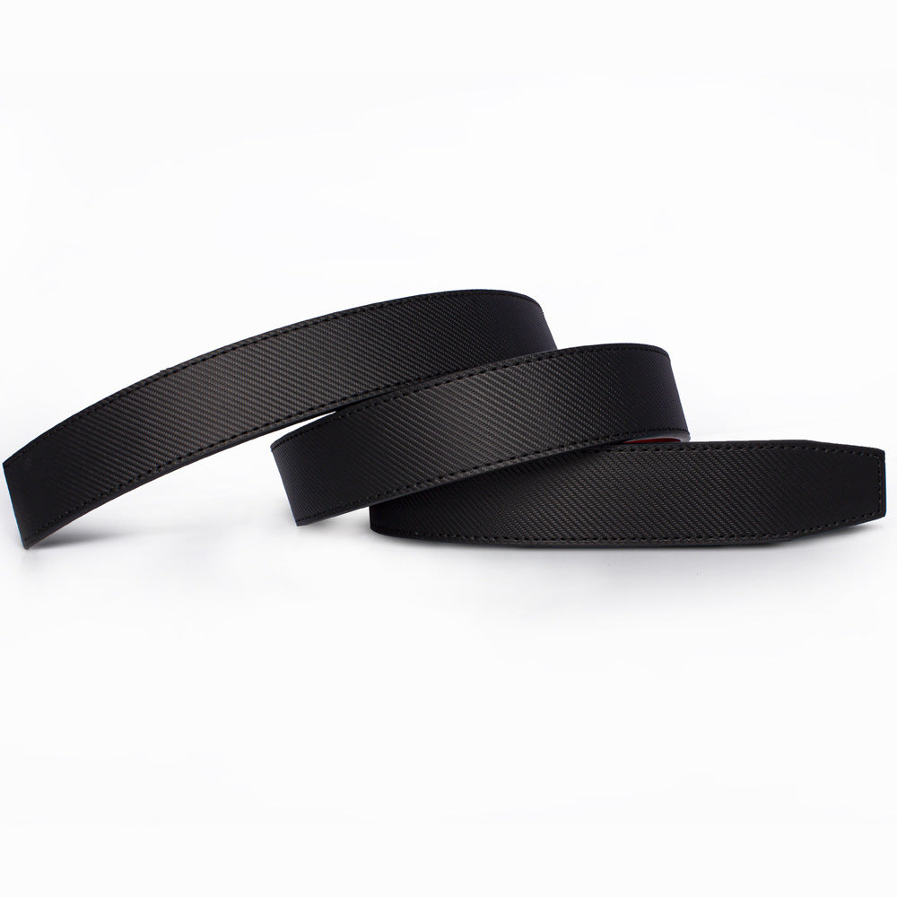 Black men's leather belt with textured surface coiled on white background