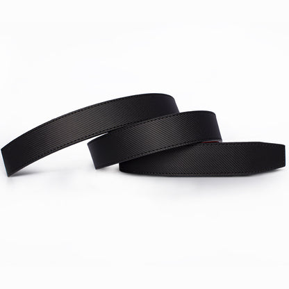 Black men's leather belt with textured surface coiled on white background