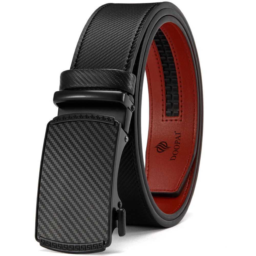 Black men's leather belt with automatic carbon fiber buckle and red inner lining by DOOPAI