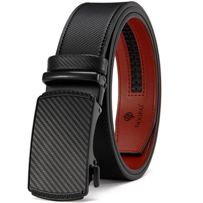 Black men's leather belt with automatic carbon fiber buckle and red inner lining by DOOPAI