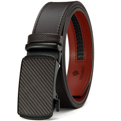 Men's black carbon fiber patterned leather belt with automatic ratchet buckle and red inner lining