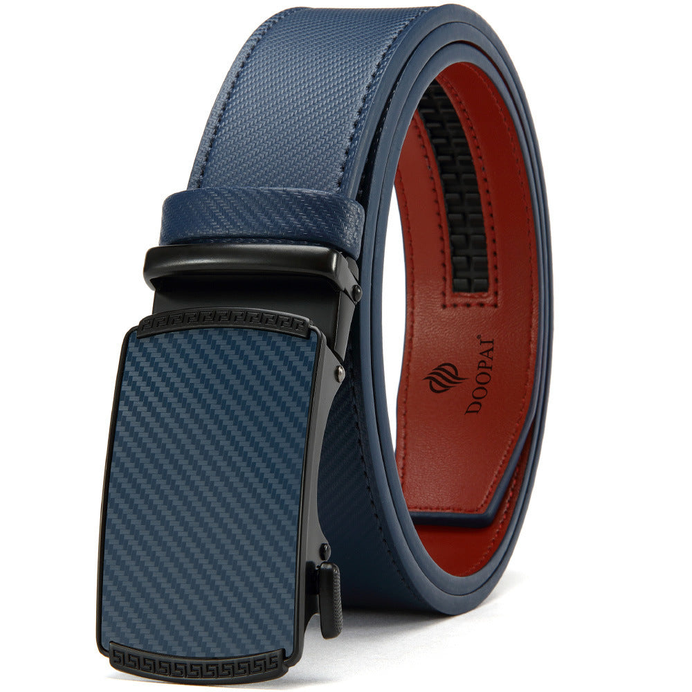 Blue leather ratchet belt with textured automatic buckle and red inner lining