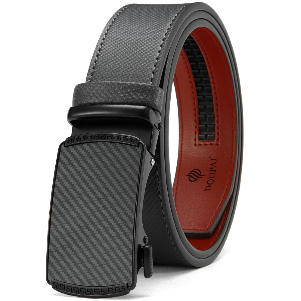 Men's black leather ratchet belt with automatic buckle and red inner lining by DOOPAI