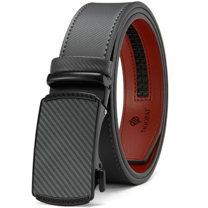 Men's black leather ratchet belt with automatic buckle and red inner lining by DOOPAI