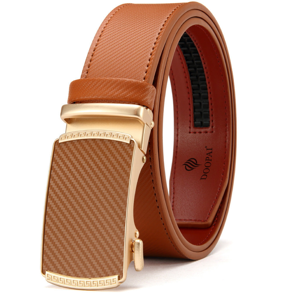 Mens brown leather belt with automatic gold-tone buckle and textured pattern