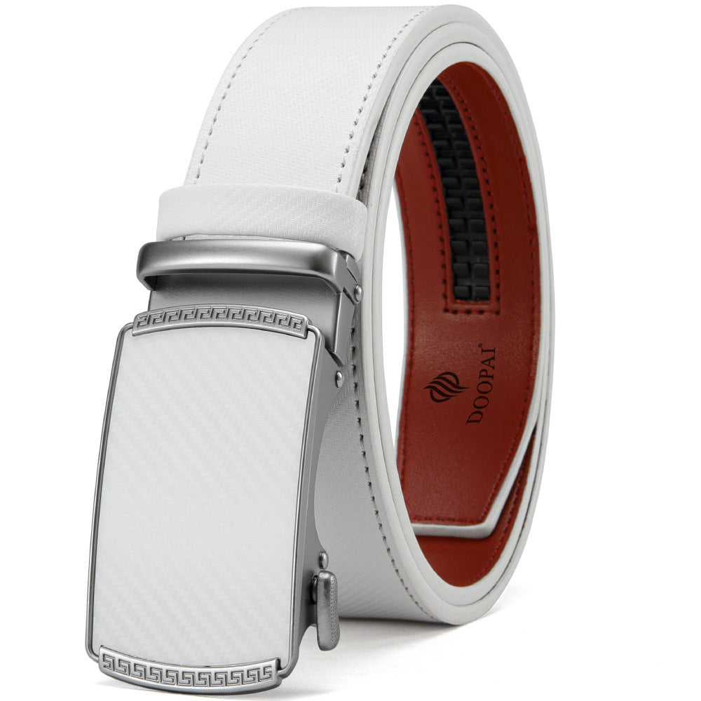 White men's leather belt with automatic silver buckle and brown inner lining by DOOPAI