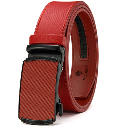 Red men's leather belt with automatic ratchet buckle, carbon fiber pattern, adjustable