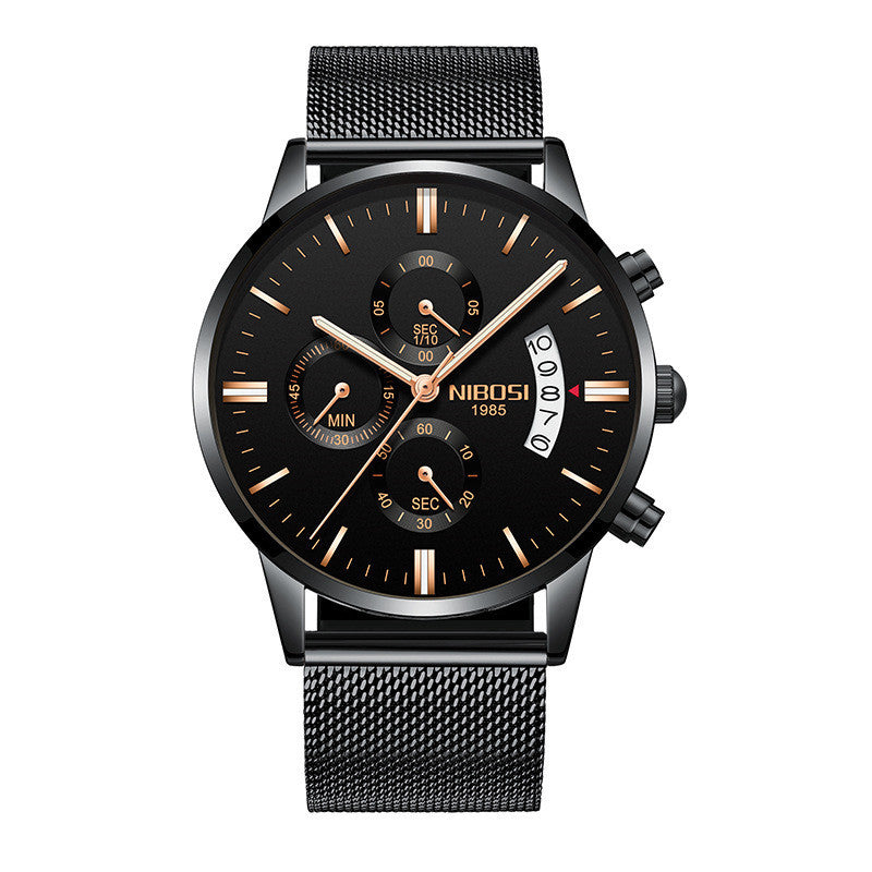 NIBOSI 1985 men's black chronograph watch with black mesh band and gold-tone accents