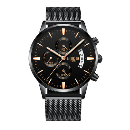 NIBOSI 1985 men's black chronograph watch with black mesh band and gold-tone accents