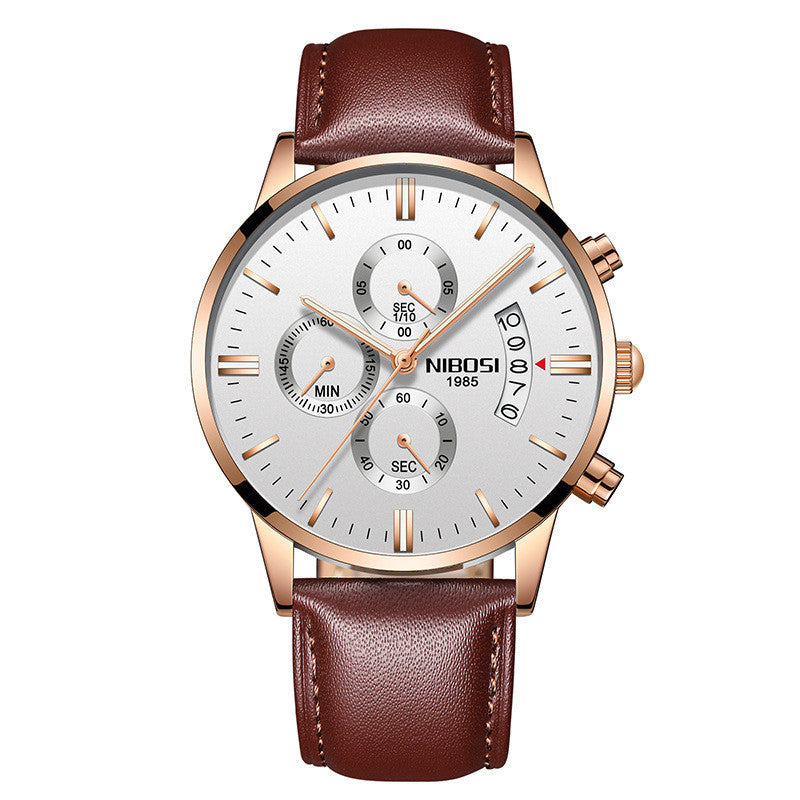 Nibosi men's chronograph watch with brown leather strap, silver dial, and rose gold case