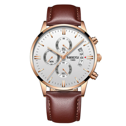 Nibosi men's chronograph watch with brown leather strap, silver dial, and rose gold case