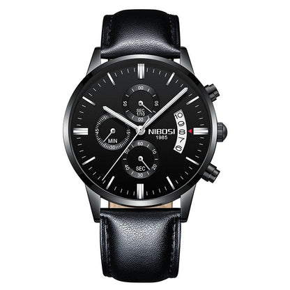 NIBOSI 1985 black chronograph men's wristwatch with black leather strap and silver markers