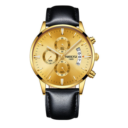 Gold chronograph men's wristwatch with black leather strap, brown dial, and date display