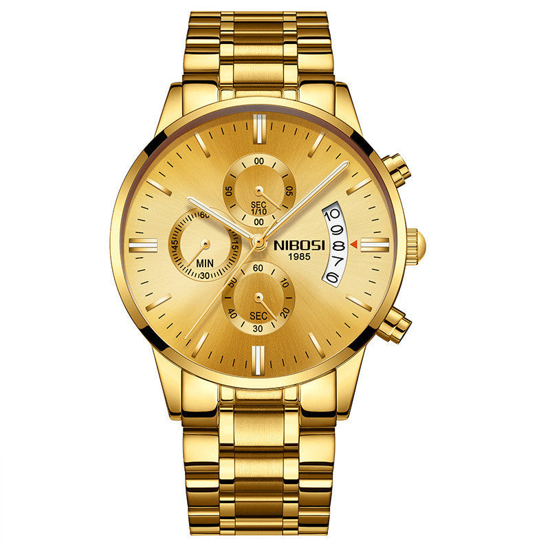 Nibosi 1985 gold chronograph watch with three subdials and date display on gold metal bracelet