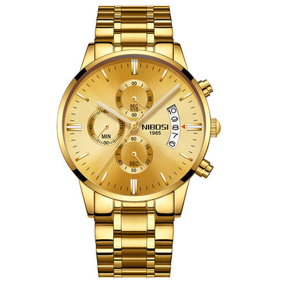 Nibosi 1985 gold chronograph watch with three subdials and date display on gold metal bracelet