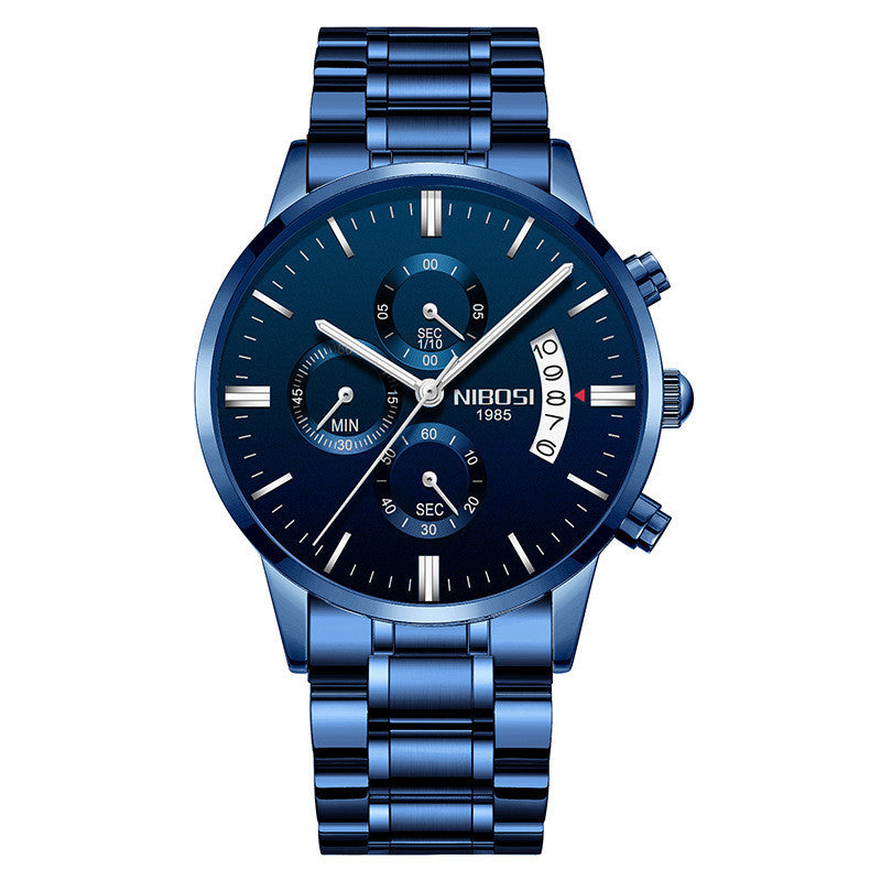 NIBOSI 1985 men's blue stainless steel chronograph wristwatch with blue dial and date display