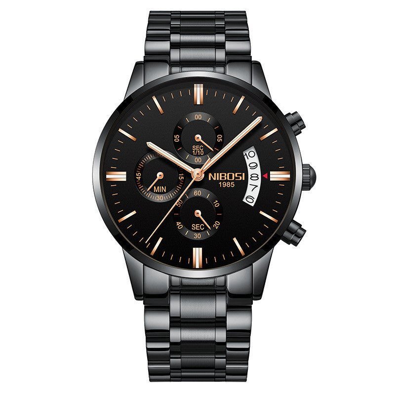 NIBOSI men's black chronograph wristwatch with gold markers and stainless steel band