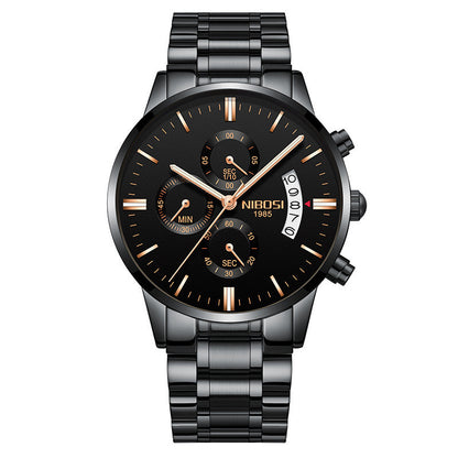 NIBOSI men's black chronograph wristwatch with gold markers and stainless steel band
