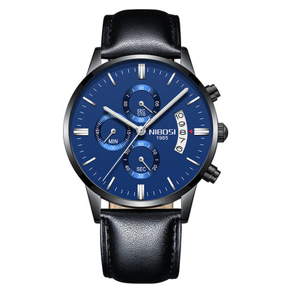 NIBOSI men's chronograph watch with blue dial, black leather strap, and date display