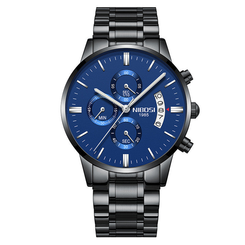 Nibosi men's chronograph watch with blue dial, black metal band, date display, and subdials