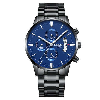 Nibosi men's chronograph watch with blue dial, black metal band, date display, and subdials