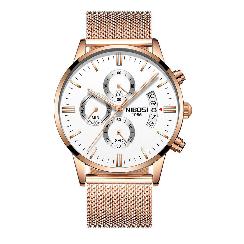 NIBOSI men's chronograph wristwatch with rose gold mesh strap and white dial featuring subdials and date display