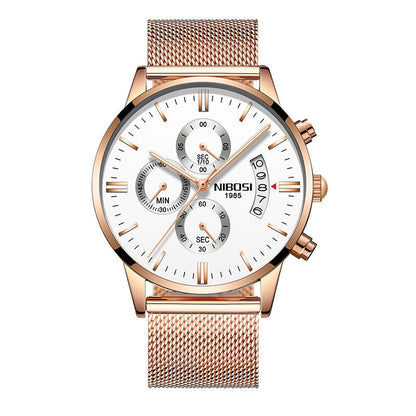 NIBOSI men's chronograph wristwatch with rose gold mesh strap and white dial featuring subdials and date display