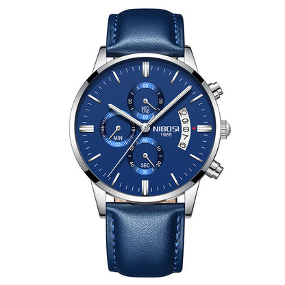Nibosi 1985 men's chronograph watch with blue dial, silver case, and blue leather strap