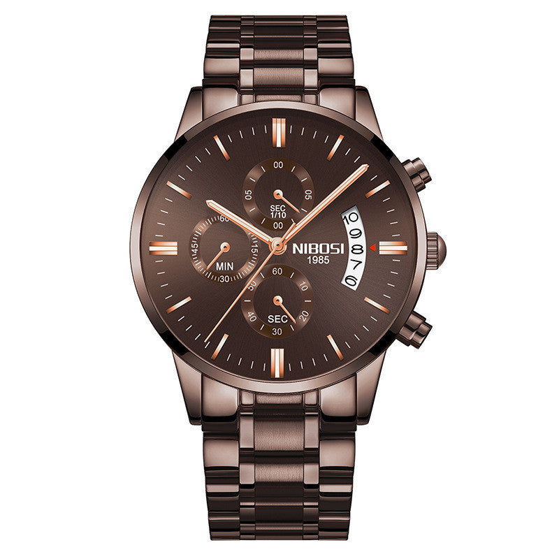 NIBOSI 1985 men's chronograph wristwatch with brown dial, date display, and metal bracelet
