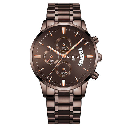 NIBOSI 1985 men's chronograph wristwatch with brown dial, date display, and metal bracelet