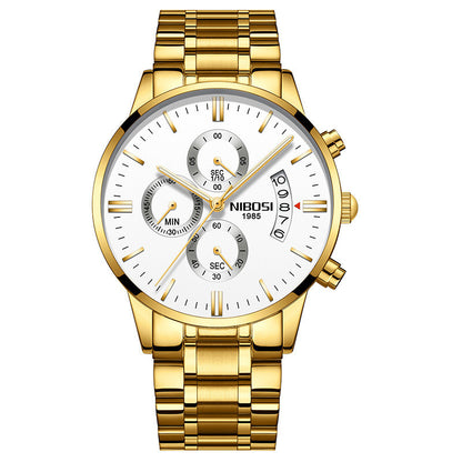 Nibosi 1985 men's gold chronograph watch with white dial and date display