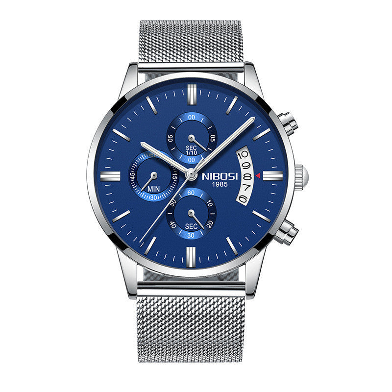 NIBOSI men's chronograph watch with blue dial, silver mesh band, and date display