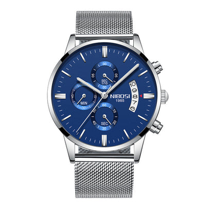 NIBOSI men's chronograph watch with blue dial, silver mesh band, and date display