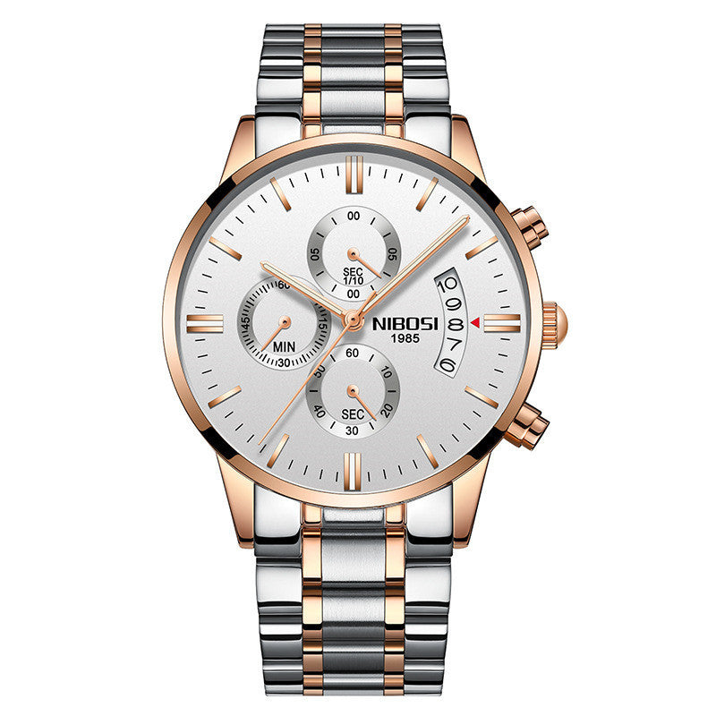 NIBOSI men's chronograph watch with silver dial, rose gold case, and dual-tone metal bracelet