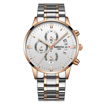 NIBOSI men's chronograph watch with silver dial, rose gold case, and dual-tone metal bracelet