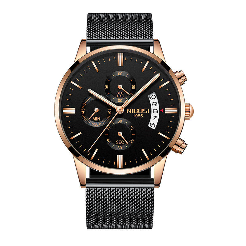 Men's NIBOSI chronograph watch with 43mm black dial, rose gold case, date display, and black mesh band
