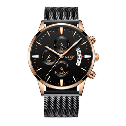 Men's NIBOSI chronograph watch with 43mm black dial, rose gold case, date display, and black mesh band