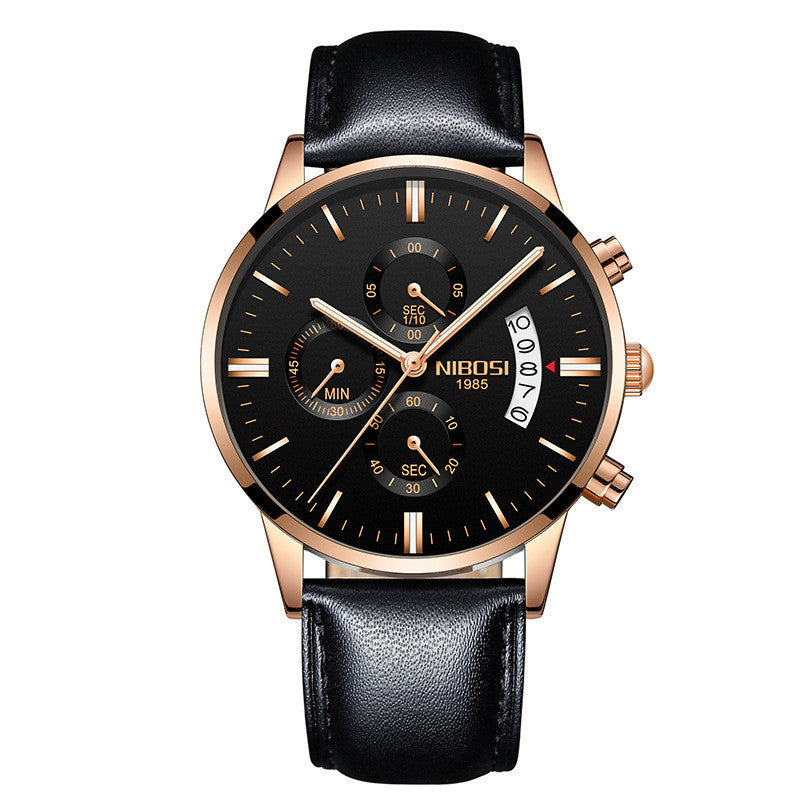 Nibosi 1985 men's chronograph wristwatch with black dial, rose gold case, black leather strap