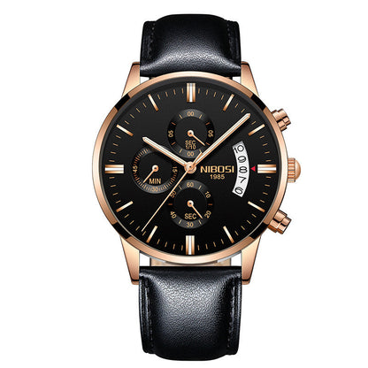 Nibosi 1985 men's chronograph wristwatch with black dial, rose gold case, black leather strap