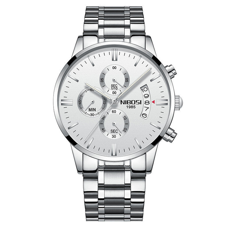 Men's Nibosi 1985 silver chronograph watch with stainless steel bracelet and white dial