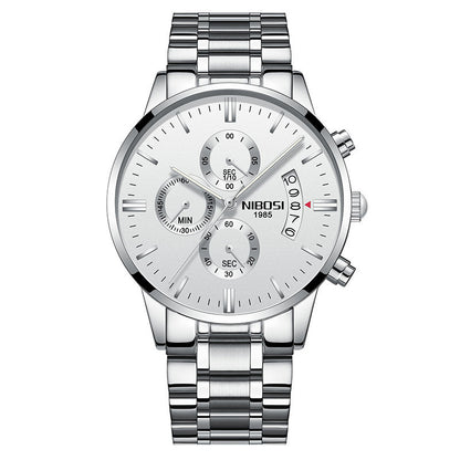 Men's Nibosi 1985 silver chronograph watch with stainless steel bracelet and white dial