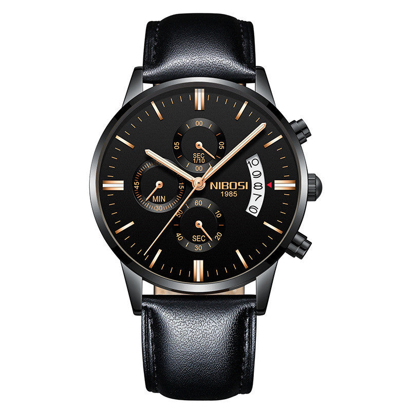 NIBOSI men's black chronograph watch with gold accents, black leather strap, and date display