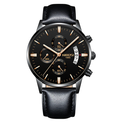 NIBOSI men's black chronograph watch with gold accents, black leather strap, and date display