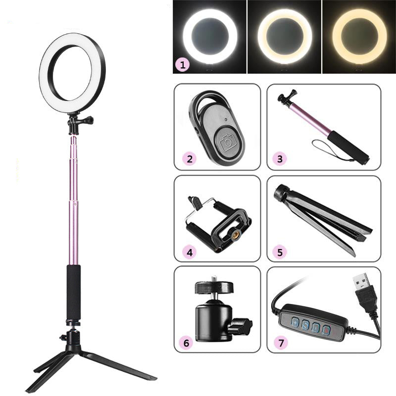 Ring light with tripod stand and Bluetooth remote, showing adjustable LED light settings and accessories